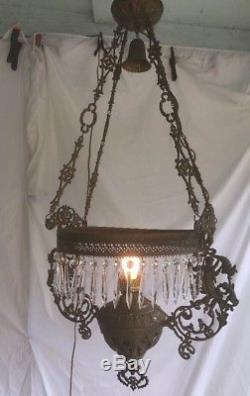Antique Victorian Ornate Art Deco Brass Hanging Oil/Kerosene Lamp Electric Works