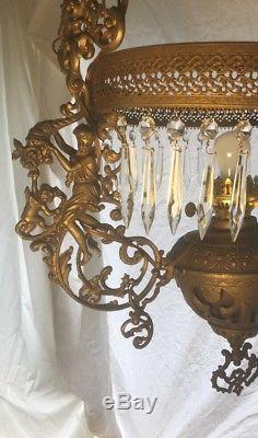 Antique Victorian Ornate Art Deco Brass Hanging Oil/Kerosene Lamp Electric Works