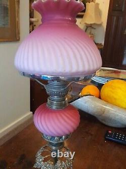 Antique Victorian Ornate Brass & Pink Cranberry Glass Oil Lamp Vintage