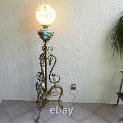 Antique Victorian Ornate Cast Brass Piano Floor Oil Lamp