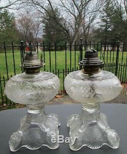 Antique Victorian PRINCESS FEATHER LIONS HEAD EAPG Glass Kerosene Oil Lamp Pair