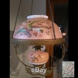 Antique Victorian Painted Pink Glass Brass Oil Hanging Library Lamp Converted