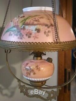 Antique Victorian Painted Pink Glass Brass Oil Hanging Library Lamp Converted