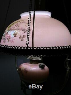 Antique Victorian Painted Pink Glass Brass Oil Hanging Library Lamp Converted