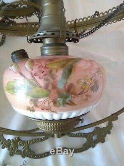 Antique Victorian Painted Pink Glass Brass Oil Hanging Library Lamp Converted