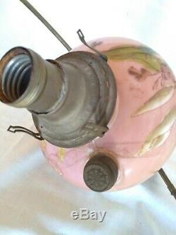 Antique Victorian Painted Pink Glass Brass Oil Hanging Library Lamp Converted