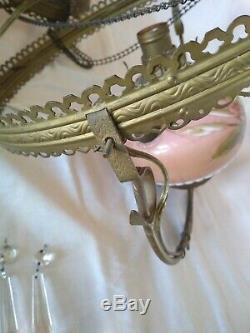 Antique Victorian Painted Pink Glass Brass Oil Hanging Library Lamp Converted