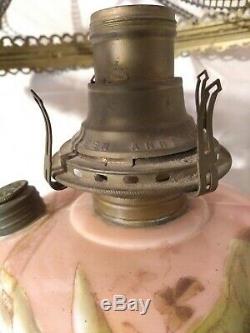 Antique Victorian Painted Pink Glass Brass Oil Hanging Library Lamp Converted