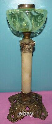 Antique Victorian Parlor Alabaster Column Oil Lamp with Vaseline Opalescent Font