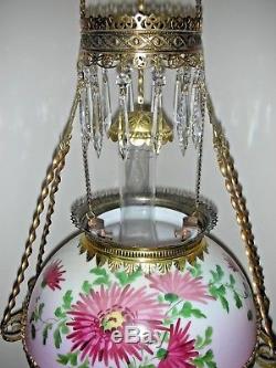 - Antique Victorian Parlor Dining Room Hanging Oil Lamp Brass Frame 14 Shade