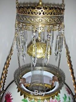 - Antique Victorian Parlor Dining Room Hanging Oil Lamp Brass Frame 14 Shade