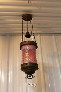 Antique Victorian Parlor Hanging Oil Lamp With Swirl Cranbery Opalescent Shade