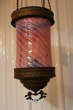 Antique Victorian Parlor Hanging Oil Lamp With Swirl Cranbery Opalescent Shade