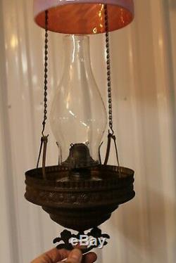 Antique Victorian Parlor Hanging Oil Lamp With Swirl Cranbery Opalescent Shade