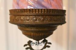 Antique Victorian Parlor Hanging Oil Lamp With Swirl Cranbery Opalescent Shade