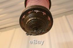 Antique Victorian Parlor Hanging Oil Lamp With Swirl Cranbery Opalescent Shade