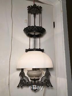 Antique Victorian Parlor Library Hanging Oil Lamp Chandelier Bradley & Hubbard
