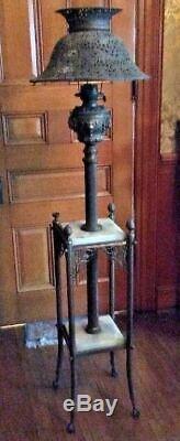 Antique Victorian Piano Parlor Lamp W Ornate Marble Stand & Great Shade