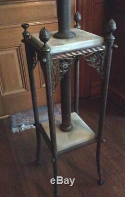 Antique Victorian Piano Parlor Lamp W Ornate Marble Stand & Great Shade