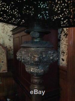 Antique Victorian Piano Parlor Lamp W Ornate Marble Stand & Great Shade