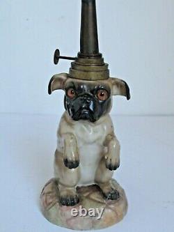 Antique Victorian Pug Dog China Oil Lamp with Glass Eyes