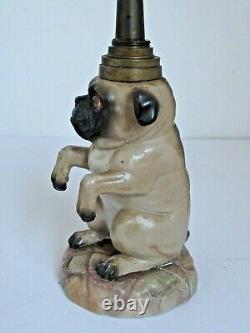 Antique Victorian Pug Dog China Oil Lamp with Glass Eyes