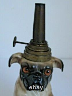 Antique Victorian Pug Dog China Oil Lamp with Glass Eyes