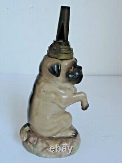 Antique Victorian Pug Dog China Oil Lamp with Glass Eyes