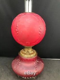 Antique Victorian Red Satin Banquet Oil Lamp GWTW Consolidated Glass Fishnet