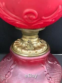 Antique Victorian Red Satin Banquet Oil Lamp GWTW Consolidated Glass Fishnet