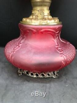 Antique Victorian Red Satin Banquet Oil Lamp GWTW Consolidated Glass Fishnet
