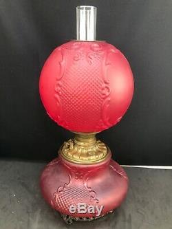 Antique Victorian Red Satin Banquet Oil Lamp GWTW Consolidated Glass Fishnet