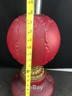 Antique Victorian Red Satin Banquet Oil Lamp GWTW Consolidated Glass Fishnet