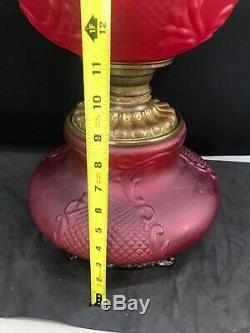 Antique Victorian Red Satin Banquet Oil Lamp GWTW Consolidated Glass Fishnet