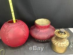 Antique Victorian Red Satin Banquet Oil Lamp GWTW Consolidated Glass Fishnet