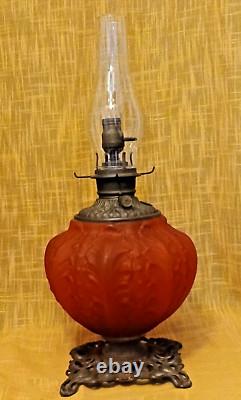 Antique Victorian Red Satin Glass Fostoria Consolidated GWTW Kerosene Lamp