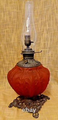 Antique Victorian Red Satin Glass Fostoria Consolidated GWTW Kerosene Lamp