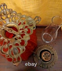Antique Victorian Red Satin Glass Fostoria Consolidated GWTW Kerosene Lamp
