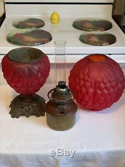 Antique Victorian Red Satin Grape Glass Gone With The Wind Oil Lamp