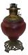 Antique Victorian Ruby Red Satin Glass Oil Lamp with Fostoria Burner