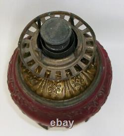 Antique Victorian Ruby Red Satin Glass Oil Lamp with Fostoria Burner