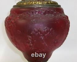 Antique Victorian Ruby Red Satin Glass Oil Lamp with Fostoria Burner