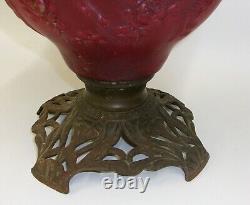 Antique Victorian Ruby Red Satin Glass Oil Lamp with Fostoria Burner