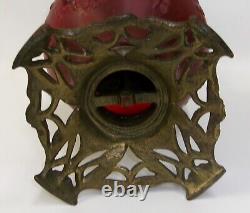 Antique Victorian Ruby Red Satin Glass Oil Lamp with Fostoria Burner