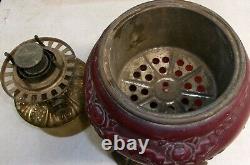 Antique Victorian Ruby Red Satin Glass Oil Lamp with Fostoria Burner