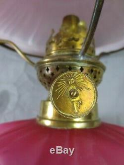 Antique Victorian Satin Cranberry Peg Oil Lamp Shade Falk Burner