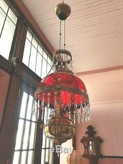 Antique Victorian Sgnd Bradley & Hubbard Hanging Library Oil Lamp