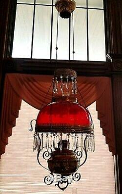 Antique Victorian Sgnd Bradley & Hubbard Hanging Library Oil Lamp