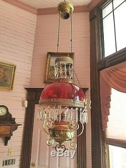 Antique Victorian Sgnd Bradley & Hubbard Hanging Library Oil Lamp