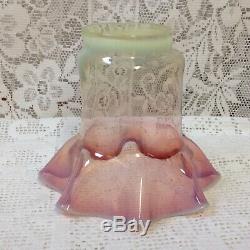 Antique Victorian Small Oil Lamp Shade, Vaseline & Cranberry Fluted Glass